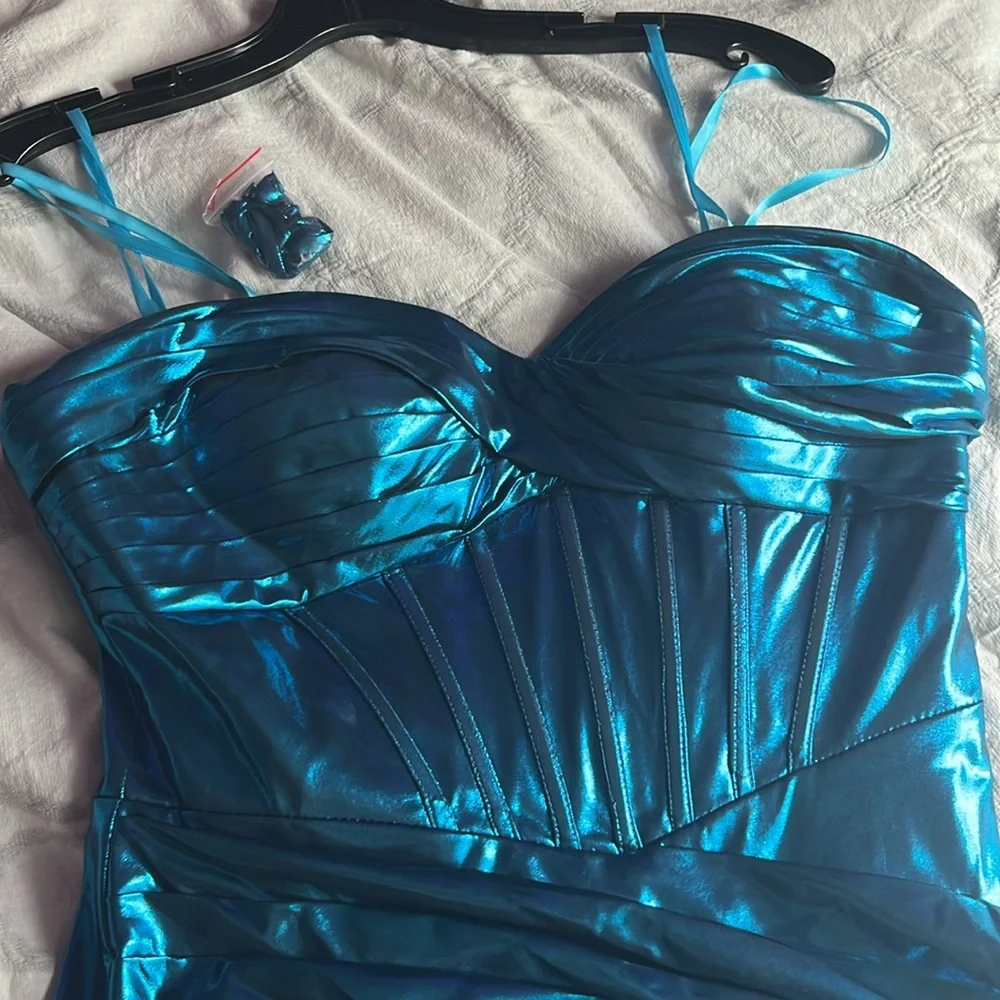 Shiny Blue Strapless Homecoming Dress - Picture 3 of 4